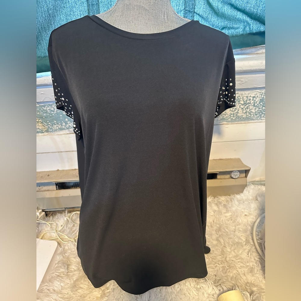 Elegant Black Women's Tee with Studded Sleeves